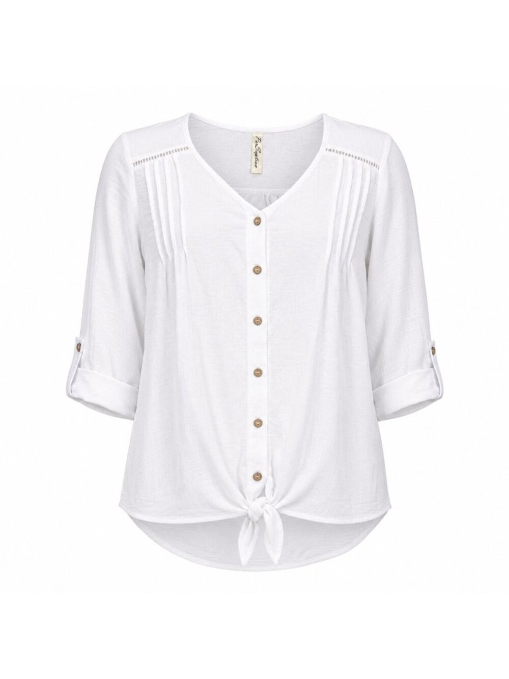 PerSeption Women’s White Tie Front Roll Tab 3/4 Sleeve Button Blouse Size L